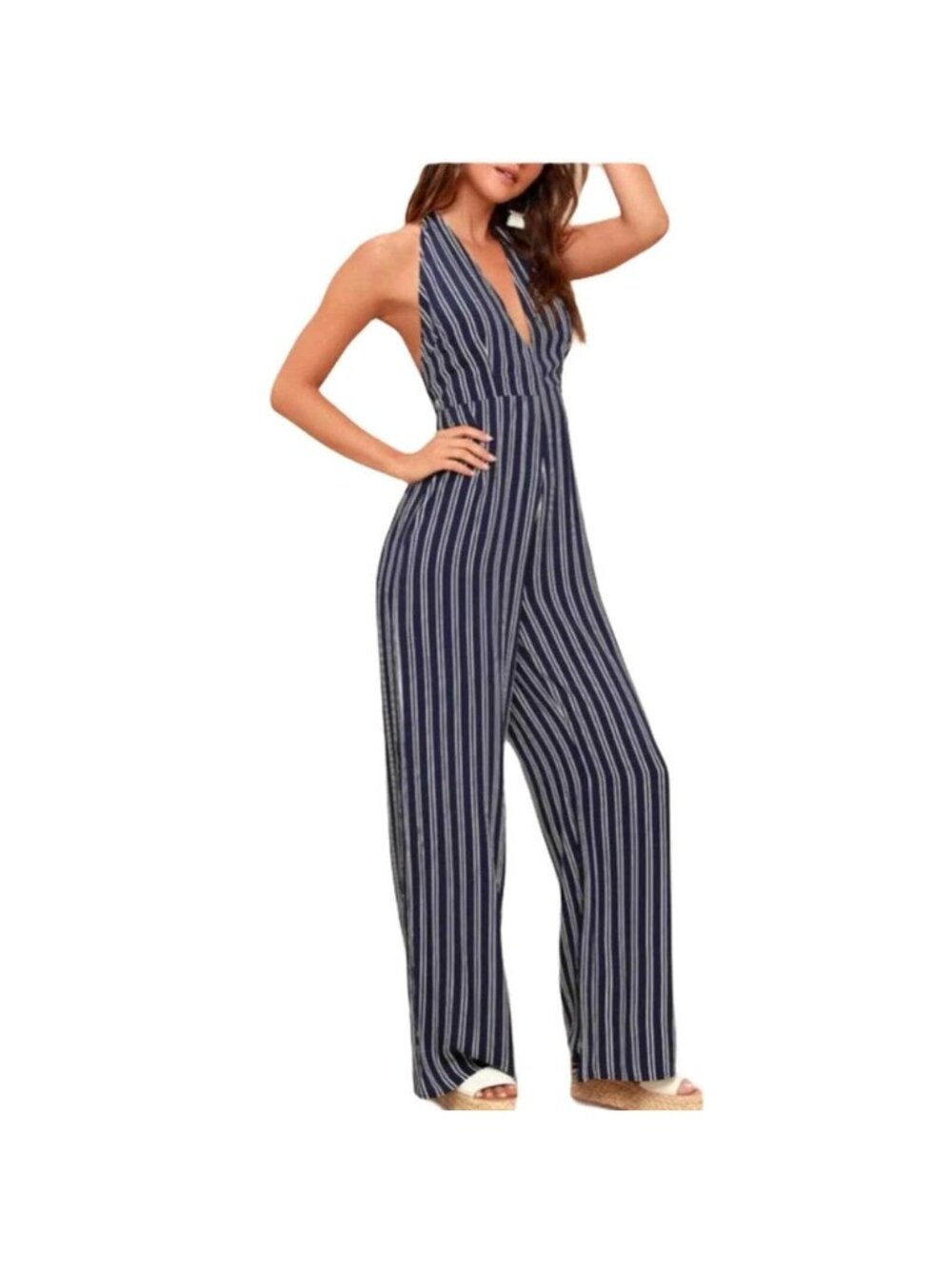 Jack By BB Dakota Womens Halter Neck Striped Jumpsuit Size 8 Dark Blue